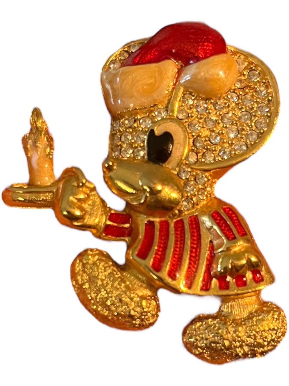 Vintage Christmas Mouse Rhinestone Brooch – Gold Tone Holiday Mouse w/ Candle